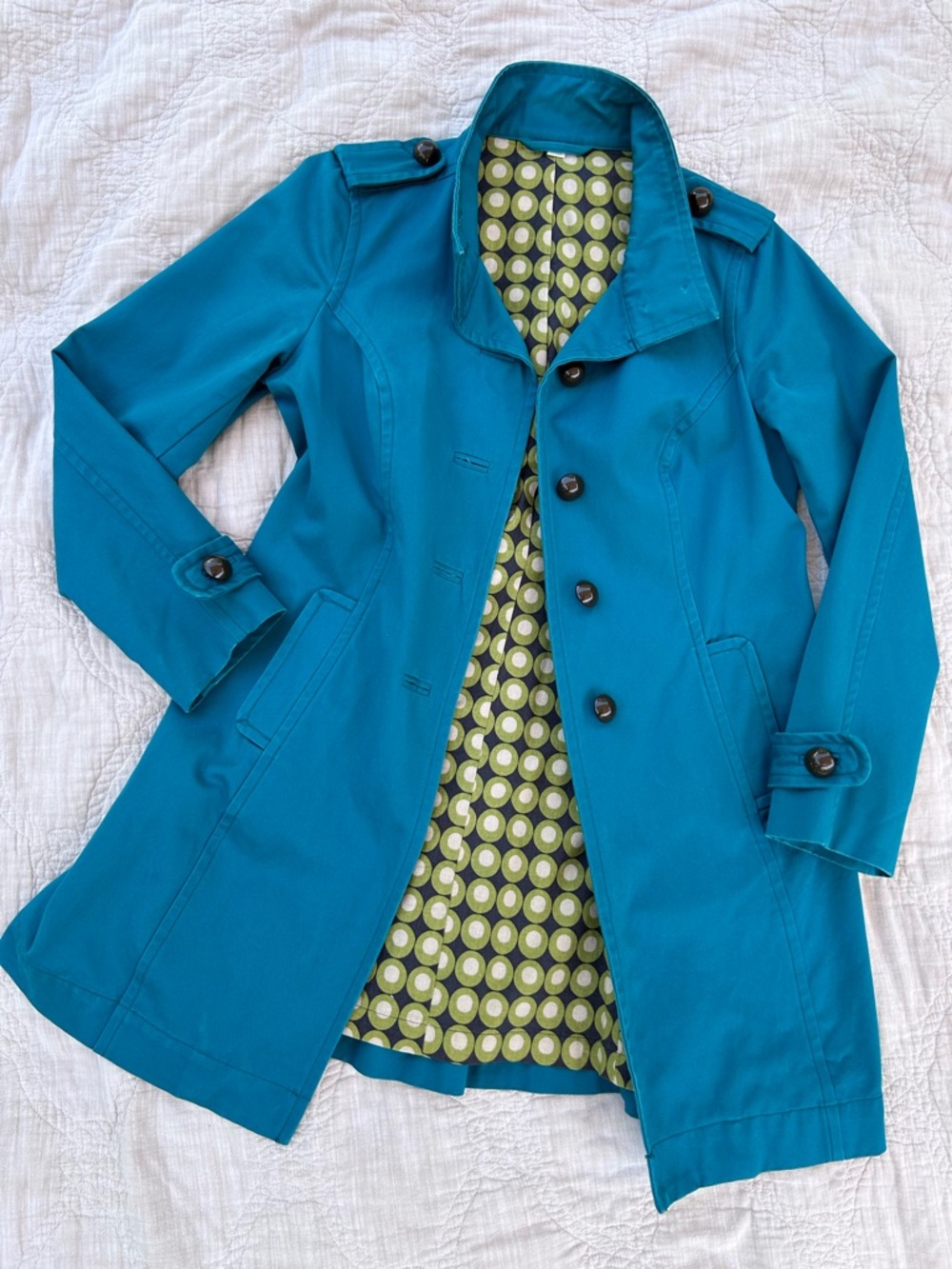 Boden Trench with Fun Pattern Lining - Button Front. Turquoise. US size 8 - Picture 8 of 10